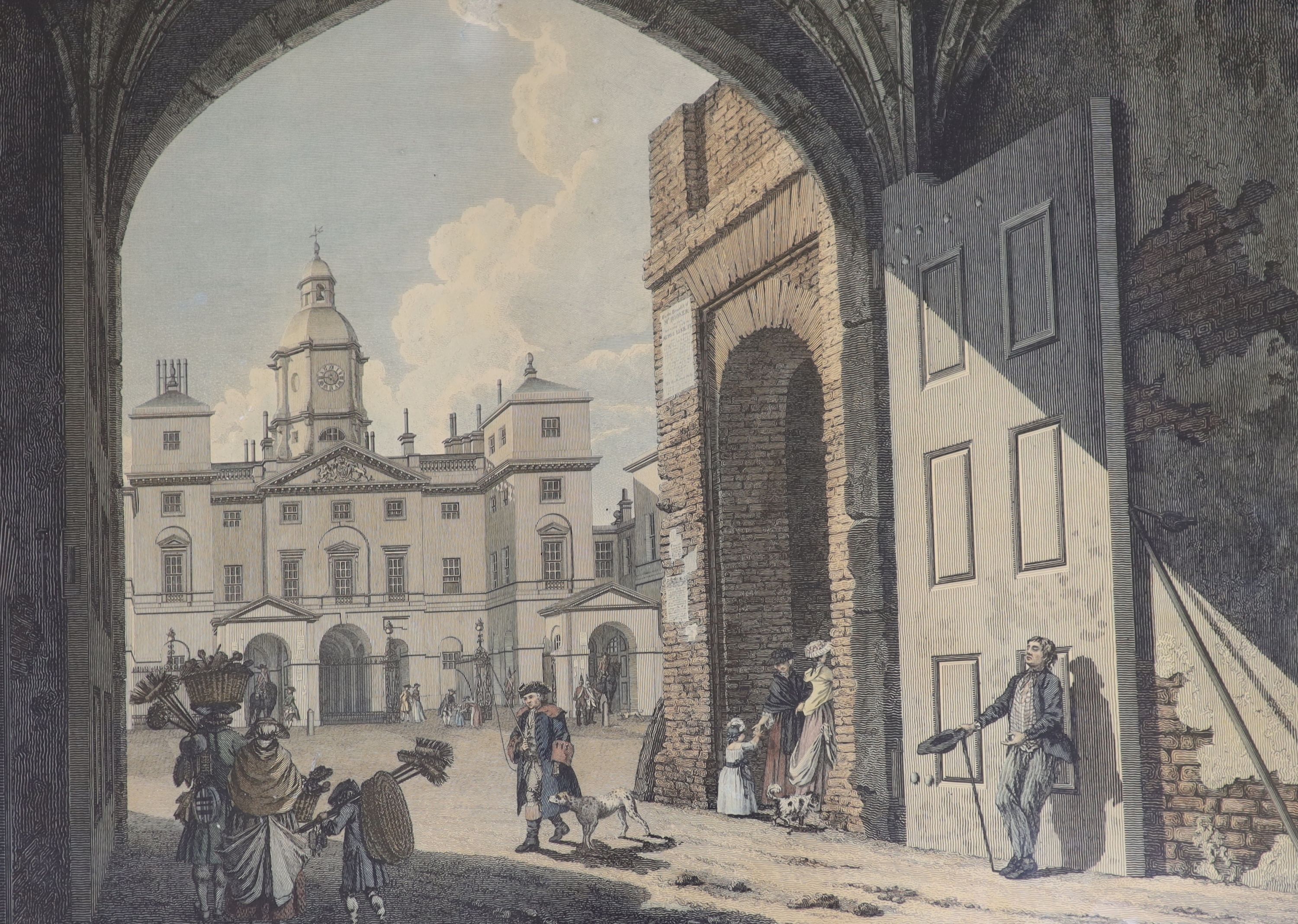 Rooker after Sandby, pair of hand coloured engravings, The Horseguards and Scotland Yard, 40 x 55cm